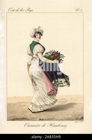 Cook from Hamburg, Germany, 19th century. Her masters have ordered her to carry a bouquet to a friend. Handcoloured copperplate engraving by Georges Jacques Gatine after an illustration by Louis Marie Lante from Costumes of Various Countries, Costumes de Divers Pays, Paris, 1827. Stock Photo