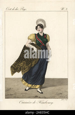 Cook from Hamburg, Germany, 19th century. The servants in Hamburg are always beautiful girls who promenade every evening. Handcoloured copperplate engraving by Georges Jacques Gatine after an illustration by Louis Marie Lante from Costumes of Various Countries, Costumes de Divers Pays, Paris, 1827. Stock Photo