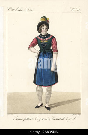 Young girl of Tegernsee, Bavaria, Germany, 19th century. She wears short petticoats and pleated stockings. Handcoloured copperplate engraving by Georges Jacques Gatine after an illustration by Louis Marie Lante from Costumes of Various Countries, Costumes de divers Pays, Paris, 1827. Stock Photo