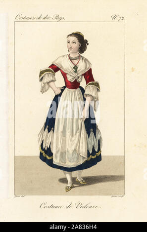 Woman of Valencia, Spain, 19th century. She wears her hair tied up, gothic lace sleeves, and falbala flounces on her skirt. Handcoloured copperplate engraving by Georges Jacques Gatine after an illustration by Louis Marie Lante from Costumes of Various Countries, Costumes de Divers Pays, Paris, 1827. Stock Photo