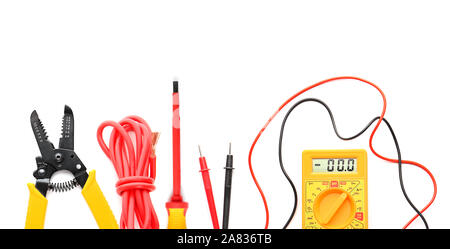 Set of electrician's supplies on white background Stock Photo