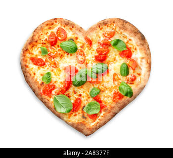 Tasty heart-shaped pizza on white background Stock Photo