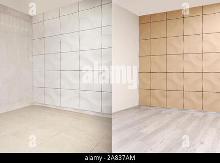 View of empty spacious room before and after renovation Stock Photo