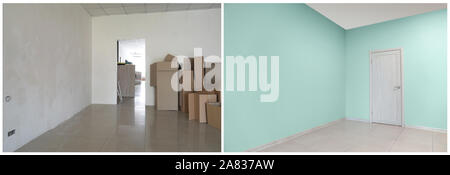 View of empty spacious room before and after renovation Stock Photo