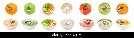 Collage with tasty cream soups in bowls on white background Stock Photo