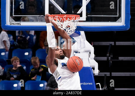 Nov 05, 2019: Saint Louis Billikens forward Hasahn French (11) finishes off the alley-oop with a slam dunk during a regular season game where the Florida Gulf Coast Eagles visited the St. Louis Billikens. Held at Chaifetz Arena in St. Louis, MO Richard Ulreich/CSM Stock Photo