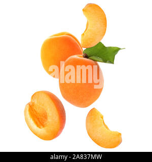 Falling ripe apricots on white background Stock Photo