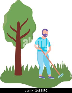 scene of man with rake, tool of garden vector illustration design Stock Vector