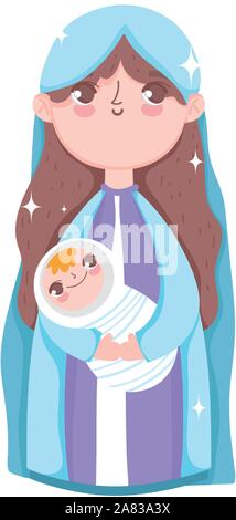 mary with baby in arms manger nativity, merry christmas vector illustration Stock Vector