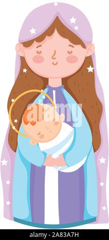 mary with baby in arms manger nativity, merry christmas vector illustration Stock Vector