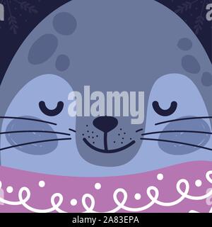 merry christmas celebration cute monk seal head wearing sweater vector illustration Stock Vector