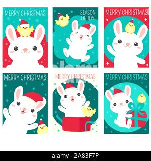 Set of Christmas gift tag, card, badge, sticker with cute bunny and chicken. Inscription - Merry Christmas, Season of joy. Vector template card for gr Stock Vector