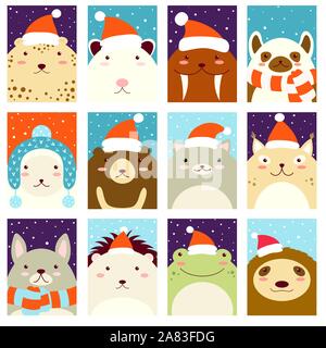 Set of Christmas vertical gift tag, card, badge, sticker with cute animals in Santa hat and scarf. Vector template card for greeting, decoration, cong Stock Vector