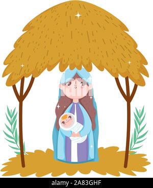 mary with baby in arms manger nativity, merry christmas vector illustration Stock Vector