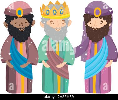 three wise characters manger nativity, merry christmas vector illustration Stock Vector