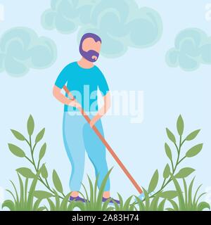scene of man with rake, tool of garden vector illustration design Stock Vector