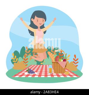 jumping happy woman basket food picnic nature landscape vector illustration Stock Vector