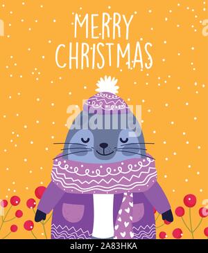 merry christmas celebration cute monk seal wearing sweater and hat vector illustration Stock Vector
