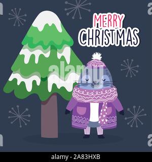 merry christmas celebration cute monk seal wearing sweater hat with tree snow vector illustration Stock Vector