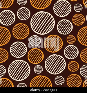 Abstract seamless pattern of hand drawn striped circles. Textured circles pattern. Brush strokes. Geometric shapes ornament. Diagonal lines. Stock Vector