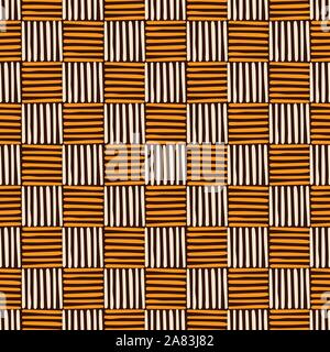 Abstract seamless pattern of hand drawn striped squares. Brush strokes. Vertical and horizontal stripes. Geometric shapes ornament. Color vector. Stock Vector