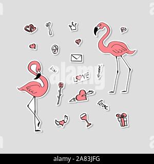 Set of stickers with hand drawn valentine day elements. Collection of labels with cute flamingos and other objects. Vector illustration. Stock Vector