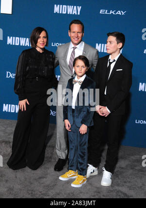 Los Angeles, California, USA 5th November 2019 Actress Dagmara Dominczyk, husband actor Patrick Wilson and sons Kassian McCarrell Wilson and Kalin Patrick Wilson attend World Premiere of Lionsgate's 'Midway' on November 5, 2019 at Regency Village Theatre in Los Angeles, California, USA. Photo by Barry King/Alamy Live News Stock Photo