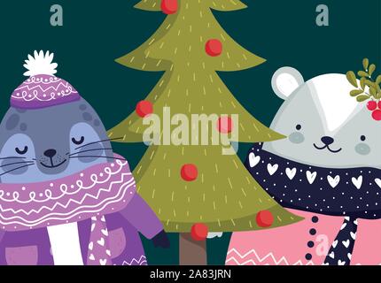 merry christmas celebration cute monk seal and rabbit with sweater and tree vector illustration Stock Vector