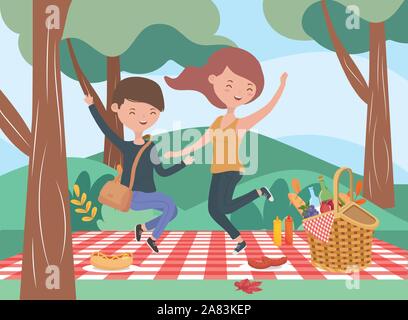 jumping couple blanket food picnic nature outdoors vector illustration Stock Vector