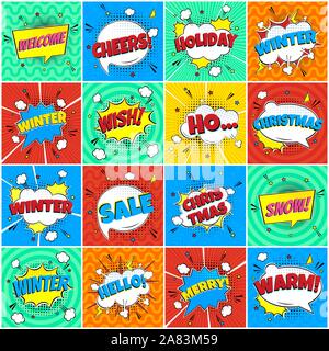 16 Comic Winter Lettering In The Speech Bubbles Comic Style Flat Design. Dynamic Pop Art Vector Illustration Isolated On Rays Background. Exclamation Stock Vector