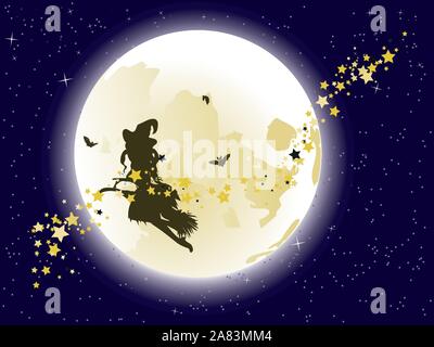Halloween flying witch on a broomstick over big full moon and stars. Stock Vector