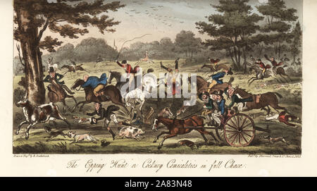 Hapless Londoners riding in the Epping Hunt, Easter Monday. Dandies and fops came down from London and rode on horses and in carriages chasing a single stag. Handcoloured copperplate drawn and engraved by Robert Cruikshank from The English Spy, London, 1825. Written by Bernard Blackmantle, a pseudonym for Charles Molloy Westmacott. Stock Photo