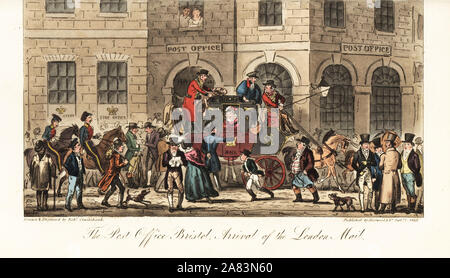 Arrival of the Royal Mail stage coach from London around 10AM at the Post Office, Bristol. Handcoloured copperplate drawn and engraved by Robert Cruikshank from The English Spy, London, 1825. Written by Bernard Blackmantle, a pseudonym for Charles Molloy Westmacott. Stock Photo