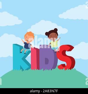 interracial children with kids zone lettering in the field Stock Vector