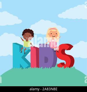 interracial children with kids zone lettering in the field Stock Vector