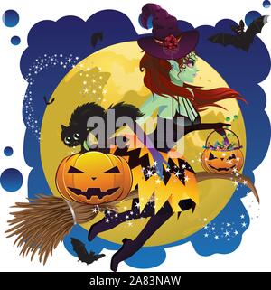 Halloween witch flying on a broomstick over yellow full moon. Stock Vector