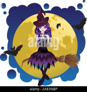 Halloween witch flying on a broomstick over yellow full moon. Stock Vector