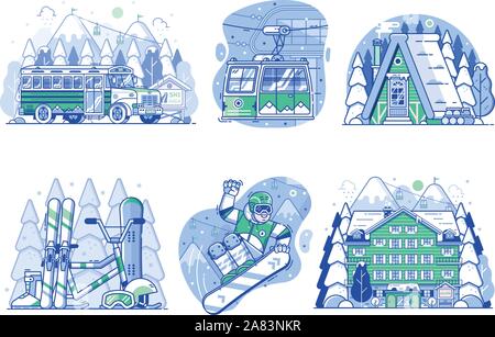 Winter Active Holidays Ski Resort Vacation Icons Stock Vector
