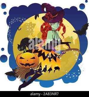 Witch flying on broom over the moon illustration Stock Vector Image ...