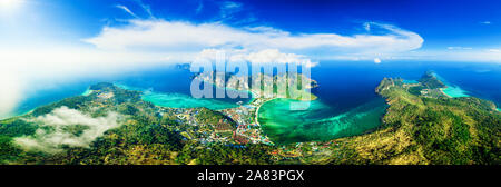 Tonsai Village and the mountains of Koh Phi Phi island in Thailand Stock Photo