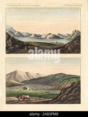 View of the town of Tiberias on the Sea of Galilee, and view of the town of Nazareth, 1820. Handcoloured copperplate engraving from Friedrich Johann Bertuch's Bilderbuch fur Kinder (Picture Book for Children), Weimar, 1823. Stock Photo