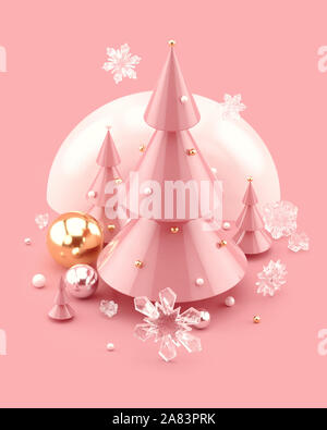 Christmas 3D abstract illustration with decorated Christmas trees and ice snowflakes. For Xmas posters, greeting cards, invitations, and banners. 3d rendering. Stock Photo
