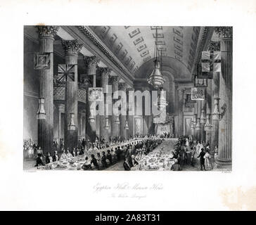 The Wilson family banquet in the Egyptian Hall, Mansion House, April 1839. Steel engraving by Henry Melville after an illustration by Thomas Hosmer Shepherd from London Interiors, Their Costumes and Ceremonies, Joshua Mead, London, 1841. Stock Photo
