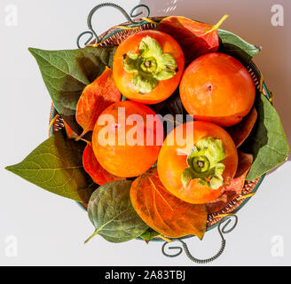 A beautiful basket full of delicious ripe persimmons on leaves of the same tree Stock Photo