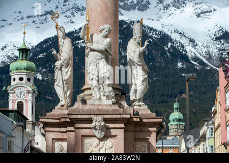 Maria-Theresien-Strasse Maria Theresa Street with the Annasaule St. Anna's Column, one of the busiest streets in the city of Innsbruck, Tyrol, Austria Stock Photo