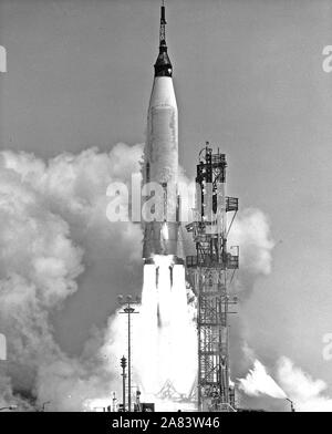 A NASA Project Mercury spacecraft was test launched at 11:15 AM EST on April 25, 1961 from Cape Canaveral, Florida, in a test designed to qualify the Mercury Spacecraft and all systems, which must function during orbit and reentry from orbit. Stock Photo