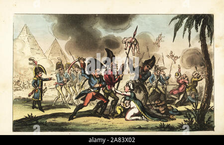Napoleon Bonaparte directing the massacre of women and children in Cairo during the Egyptian Campaign, 1798. Handcoloured copperplate engraving by George Cruikshank from The Life of Napoleon a Hudibrastic Poem by Doctor Syntax, T. Tegg, London, 1815. Stock Photo