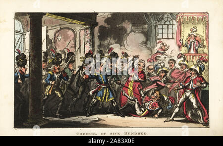 Napoleon Bonaparte leading the grenadiers into the Council of Five Hundred in the coup of 18 Brumaire. Handcoloured copperplate engraving by George Cruikshank from The Life of Napoleon a Hudibrastic Poem by Doctor Syntax, T. Tegg, London, 1815. Stock Photo