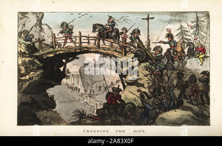 Napoleon Bonaparte directing the French Army artillery over a bridge in the Great St. Bernard Pass when crossing the Alps, 1800. Handcoloured copperplate engraving by George Cruikshank from The Life of Napoleon a Hudibrastic Poem by Doctor Syntax, T. Tegg, London, 1815. Stock Photo