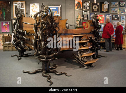 Keith Flint's custom made oak and steel bed on display at Cheffins auctioneers in Cambridge, as the Prodigy star's personal belongings go under the hammer on Thursday. Stock Photo